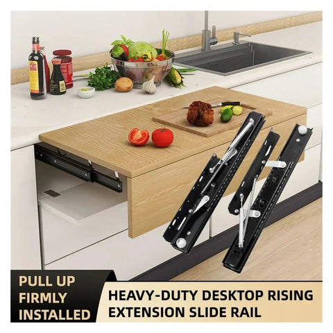 Heavy Duty Full Extension Drawer Slides With Quick Release Latches For No Sweat Setup And Smooth Quiet Ride Rising Table Lift Mechanism and Telescopic Guide Rail That Delivers Serious Storage Flex For 520mm with wooden surface and kitchen items visible.