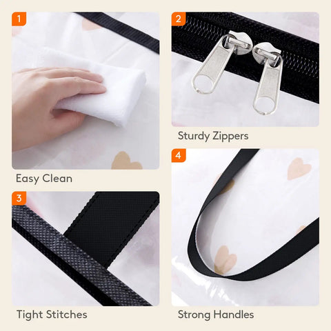 Close-up of features on 4 Pack Clear 40L Plastic Clothes Storage Bags With Zipper, showing easy clean fabric, sturdy zippers, tight stitches, and strong handles.
