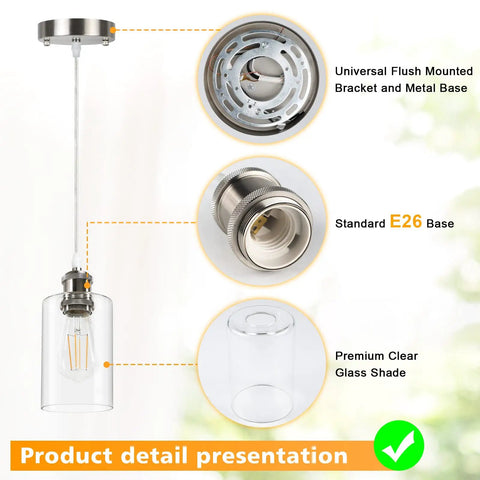 Three Pack Industrial Pendant Lights For Kitchen Island And Living Areas product detail with clear glass shade and E26 base