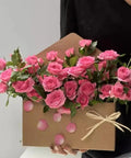 Five Pack Envelope Style Gift Boxes For Flowers And Crafting Parties with pink roses and tied ribbon