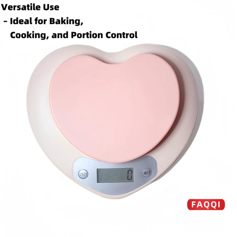 Heart-shaped digital kitchen scale with LCD display for baking, 11 lb capacity, pink finish.