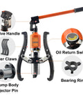 50 Ton Hydraulic Bearing Puller Tool Kit components with handles, pump body, puller claws, and oil return switch detailed
