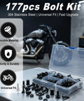 177Pcs Motorcycle Fairing Bolt Kit with M5 M6 stainless screws in clear plastic box, bike in background