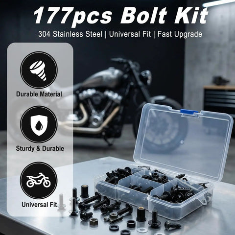 177Pcs Motorcycle Fairing Bolt Kit with M5 M6 stainless screws in clear plastic box, bike in background