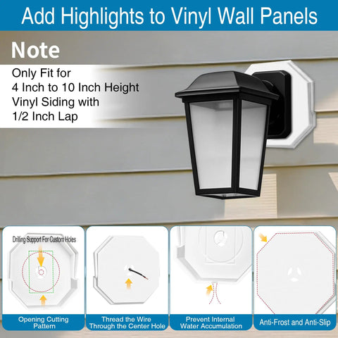 Octagon Exterior Light Fixture Mount Block Kit 2 Pack Paintable White for vinyl siding, shown with exterior lantern and octagon block