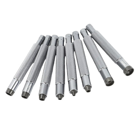 Watch Crown Winder Tool Set 2mm to 10mm Eight Piece Aluminum Alloy Precision Repair Kit, ergonomic grip, arranged in a row