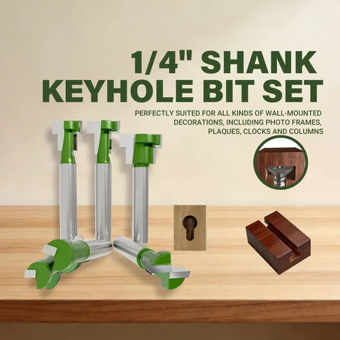 Beast Mode Six Piece Keyhole Router Bit Set With One Quarter Inch Shank And Tungsten Carbide Blades for creating precise keyhole slots.