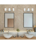 3 Light Coastal Style Vanity Light for Bathroom with Etched White Glass Shades and Brushed Nickel Finish over Twin Mirrors
