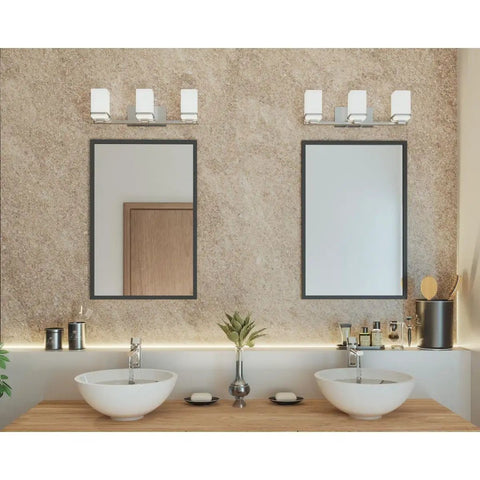 3 Light Coastal Style Vanity Light for Bathroom with Etched White Glass Shades and Brushed Nickel Finish over Twin Mirrors