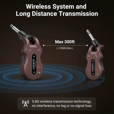 Brown 5.8GHz Wireless Guitar System with 24-Bit Audio for Live Stage, rotatable plug, anti-interference features showcased.