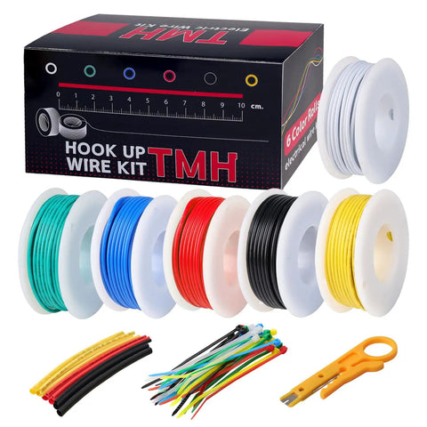 Solid 22 Gauge Hookup Wire Kit With Six Color Cables, 25 Feet Each, Tinned Copper Core, PVC Insulation, 300V box and spools