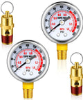 4 Piece Air Compressor Parts Replacement Kit With Relief Valves And Pressure Gauges, One Quarter Inch NPT, 0 To 125 PSI Gauge Range, Tank Accessory Set Featuring Two Pressure Relief Valves And Two Gauges. Brass valves and gauges