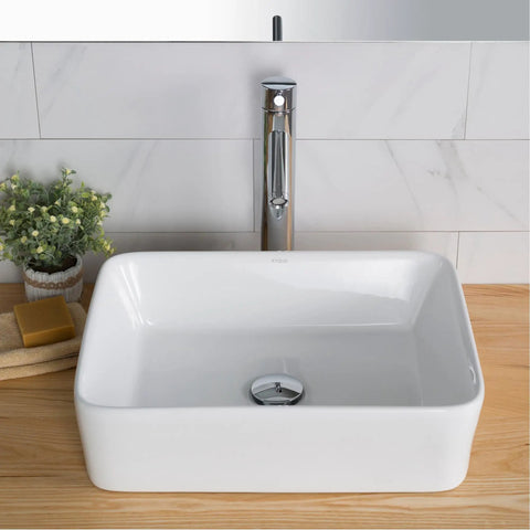 Elavo Modern Rectangular Vessel Sink in white porcelain ceramic for bathrooms 19 inch with baked on glaze finish