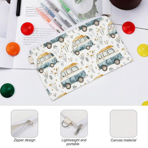 Slim Canvas Coin Purse And Card Holder For RV Lovers And Camp Buddies, zippered design with camper van print on canvas material.