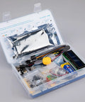 Mega R3 2560 Arduino Compatible Starter Kit With USB Cable Complete Component Pack Beginner Projects And PDF Tutorial Guide Plug And Play Setup For Hands On Makers And Learning Electronics. Clear plastic case with electronics parts and LCD module.