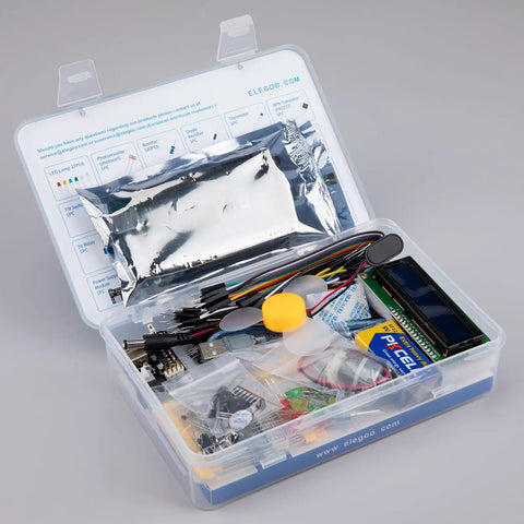 Mega R3 2560 Arduino Compatible Starter Kit With USB Cable Complete Component Pack Beginner Projects And PDF Tutorial Guide Plug And Play Setup For Hands On Makers And Learning Electronics. Clear plastic case with electronics parts and LCD module.