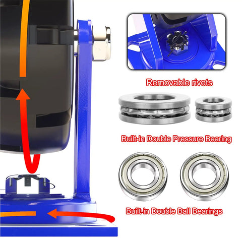 Heavy Duty Industrial Swivel Casters Set Of 4 Featuring 6 Inch Solid Rubber Treads With Rock Solid Double Lock Brakes Built Like A Tank For Hauling Bulky Freight Daily showing removable rivets and double ball bearings.