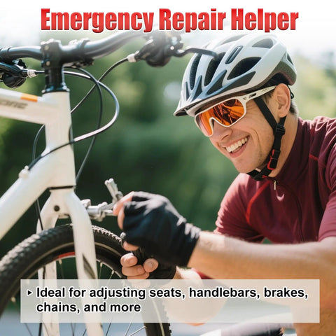 Cyclist using Bike Repair Kit 13 in 1 Mini Ratchet Wrench Set for quick adjustments on bike, outdoor setting