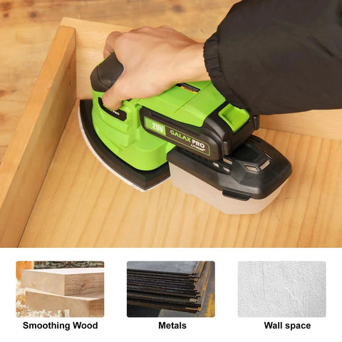 Badass 20V Cordless Detail Sander With 2 Amp Hour Battery And Twenty Sanding Discs for smoothing wood in tight spaces.