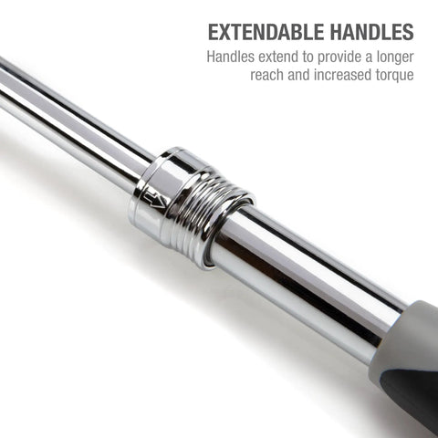 Extendable Flex Head Ratchet Tool Set Three Piece Pro Grade With 1/4 3/8 And 1/2 Inch Drives Chrome Vanadium Steel close-up