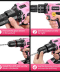 Instructions for using the 20V Cordless Drill Kit With Battery Charger And Carrying Case Three Eighth Inch Keyless Chuck Two Speed Settings 18 Plus 3 Torque 72 Piece Driver Bits Belt Hook Pink Color For Quick Pro Grade Projects