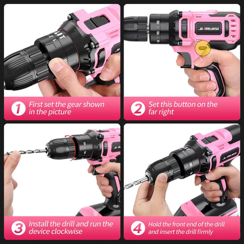 Instructions for using the 20V Cordless Drill Kit With Battery Charger And Carrying Case Three Eighth Inch Keyless Chuck Two Speed Settings 18 Plus 3 Torque 72 Piece Driver Bits Belt Hook Pink Color For Quick Pro Grade Projects