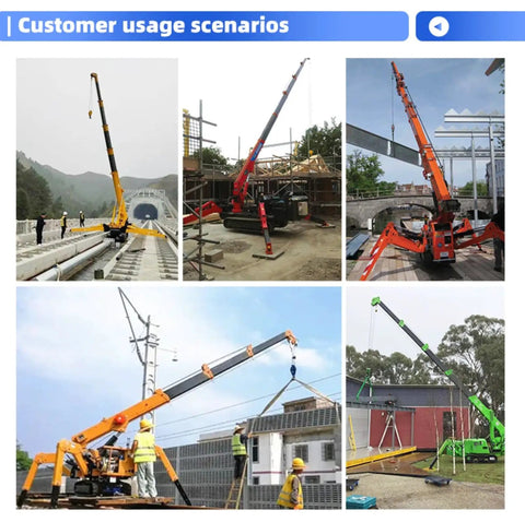 Compact Crawler Crane With Hydraulic Telescopic Boom For Narrow Access Construction and Industrial Installation shown in various job sites.