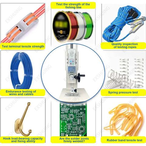 Horizontal Digital Push Pull Meter For Tensile And Compression Testing With Wheel Driven Manual Push Pull Test Stand Pro Grade Test Bench And Digital Force Gauge 10 To 2000 N Includes Ruler And 100 N Capacity. bench with clamps for rope, wire, spring, hook tests