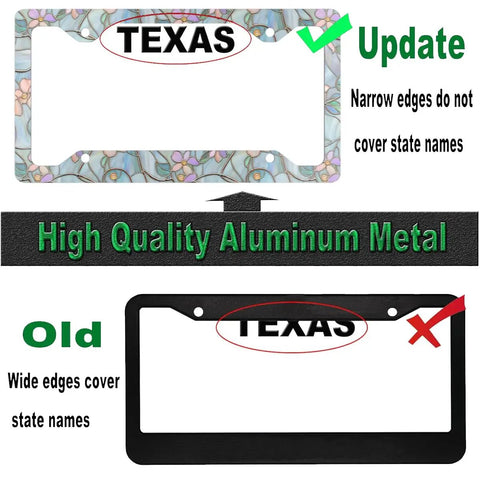 Two Pack Stained Glass Floral Aluminum Alloy License Plate Frame With Screw Cap Set shown with updated narrow edges for state visibility.