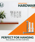 Wall Mounted Key Rack With Four Hooks, Steel And Wood Key Holder For Keys And Small Essentials, White Modern Home Organizer shown installed with keys.
