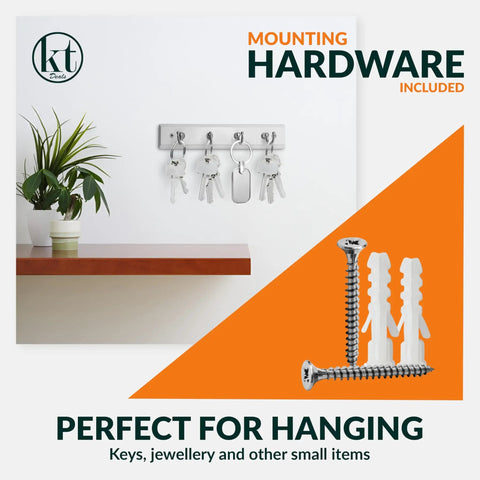 Wall Mounted Key Rack With Four Hooks, Steel And Wood Key Holder For Keys And Small Essentials, White Modern Home Organizer shown installed with keys.