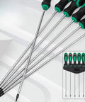 Extended Torx Screwdriver Kit Featuring 6 Pieces T10 To T30 With 420mm Long Magnetic Rod For Deep Reach Repairs In Engines And Electronics Perfect Gritty Tools For Tough Spots. Long metal Torx screwdrivers with black-green handles and storage rack
