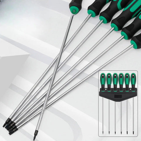 Extended Torx Screwdriver Kit Featuring 6 Pieces T10 To T30 With 420mm Long Magnetic Rod For Deep Reach Repairs In Engines And Electronics Perfect Gritty Tools For Tough Spots. Long metal Torx screwdrivers with black-green handles and storage rack