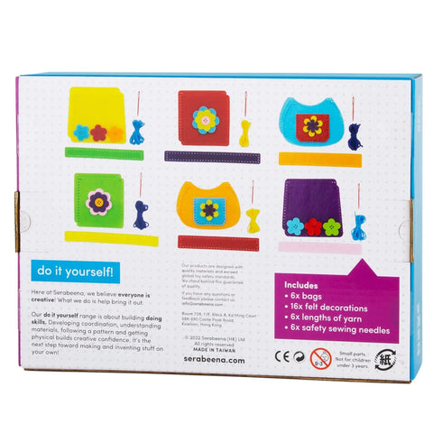 Packaging of Beginner Sewing Kit For Kids Ages 6 And Up Kid Friendly Sew Your Own Felt Bags With Handles, showing components and projects.