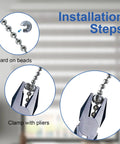 Installation steps showing 20 Pack Ball Bead Chain Stop 10.0mm Extra Large For Number Ten Beaded Ball Chain Curtain Louvers with pliers