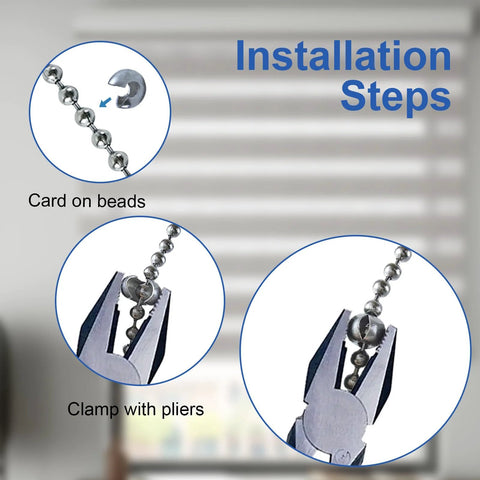 Installation steps showing 20 Pack Ball Bead Chain Stop 10.0mm Extra Large For Number Ten Beaded Ball Chain Curtain Louvers with pliers