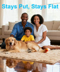 Family sitting on rug secured by Eight Pack Triangle Rug Tape Non Slip Double Sided Grippers For Rugs No Residue No Damage Anti Curling.