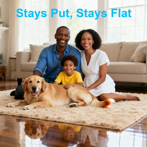 Family sitting on rug secured by Eight Pack Triangle Rug Tape Non Slip Double Sided Grippers For Rugs No Residue No Damage Anti Curling.