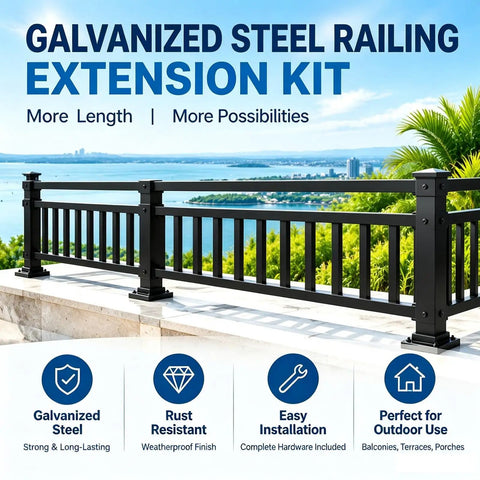 Rock Hard Galvanized Steel Fence Height Extender Topper Kit for outdoor balcony security with horizontal picket rail.