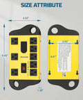 Front and back view of Beefed Up Eight Outlet Power Strip With Two USB Ports, size dimensions labeled on yellow and black unit.