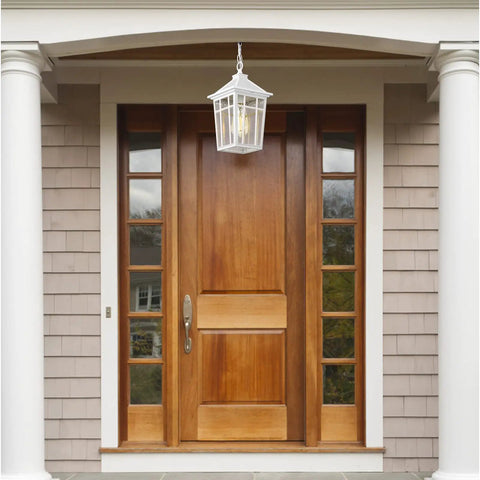 Outdoor Pendant Light Fixture With Seeded Glass, Weatherproof Aluminum Hanging Porch Light For Entryway Or Farmhouse Style, Rust Proof IP65 Waterproof, Shock Resistant And Thermally Stable, White Finish For Durable Exterior Lighting