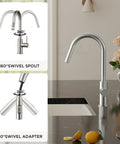 Brushed Nickel Kitchen Faucet With Pull Down Sprayer High Arc Gooseneck Spout Modern Sink Faucet shown with 360° swivel feature.