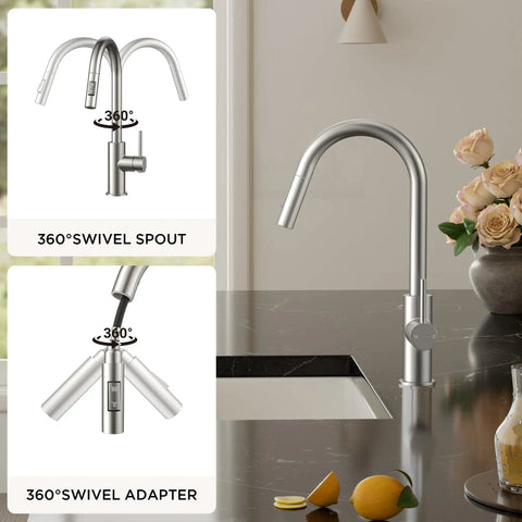 Brushed Nickel Kitchen Faucet With Pull Down Sprayer High Arc Gooseneck Spout Modern Sink Faucet shown with 360° swivel feature.