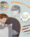 Easy Install Toddler Bed Rail Guard for Twin Full Queen and King Beds showing safety features like mesh fabric and stabilizer.
