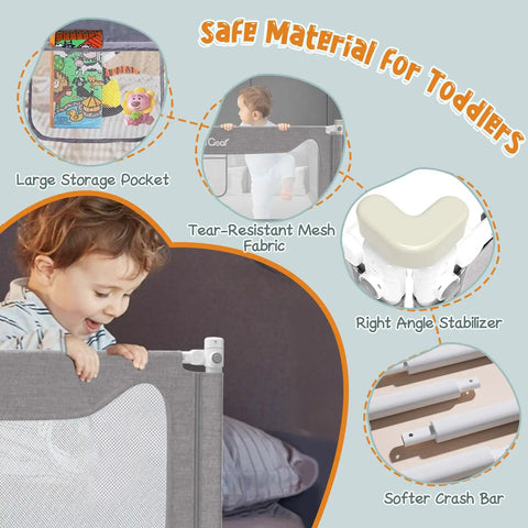 Easy Install Toddler Bed Rail Guard for Twin Full Queen and King Beds showing safety features like mesh fabric and stabilizer.