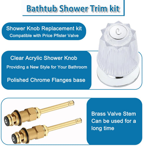 Two Piece Bathtub And Shower Knob Replacement Kit With Clear Acrylic Handles, Stems, Seats And Flanges For Hot And Cold Water