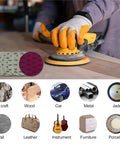 30 Pcs 5 Inch Wet And Dry Sanding Discs Set Hook Grit Paper For Precision Polishing And Detailing Jobs With 400 To 2000 Grit Options in use.