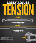 Heavy Duty Jaw And Jaw Turnbuckle Pack Of Ten Three Quarter By Eighteen Inch Hot Dipped Galvanized Wire Rope Tensioning Hardware With Five Thousand Two Hundred Pound Load Rating Built Like A Tank For The Daily Grind And Tough Job Sites with detailed size specifications.