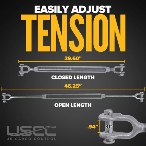 Heavy Duty Jaw And Jaw Turnbuckle Pack Of Ten Three Quarter By Eighteen Inch Hot Dipped Galvanized Wire Rope Tensioning Hardware With Five Thousand Two Hundred Pound Load Rating Built Like A Tank For The Daily Grind And Tough Job Sites with detailed size specifications.