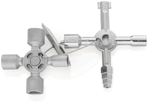 All-In-One Twin Key Universal Control Cabinet Key For Facilities Gas And Water Shutoff Systems With 8-Arm Magnetic 4-Way Wheel Wrenches Reversible Design Chrome Finish, showing two multi-arm keys on white background